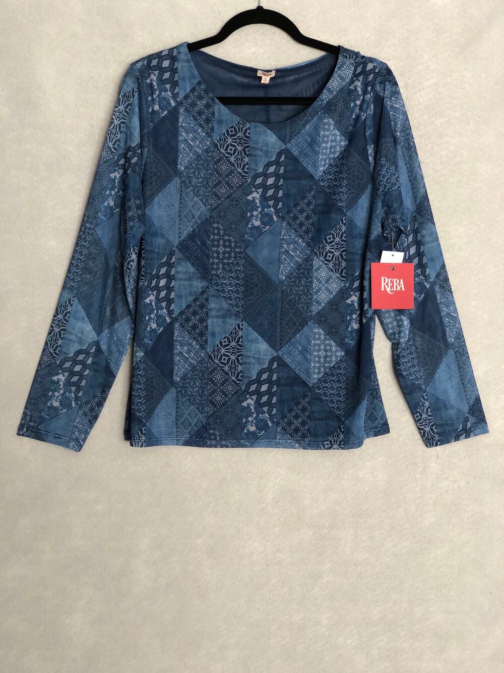Reba Sheer Patchwork Top Long Sleeve Blue Women's Large NEW